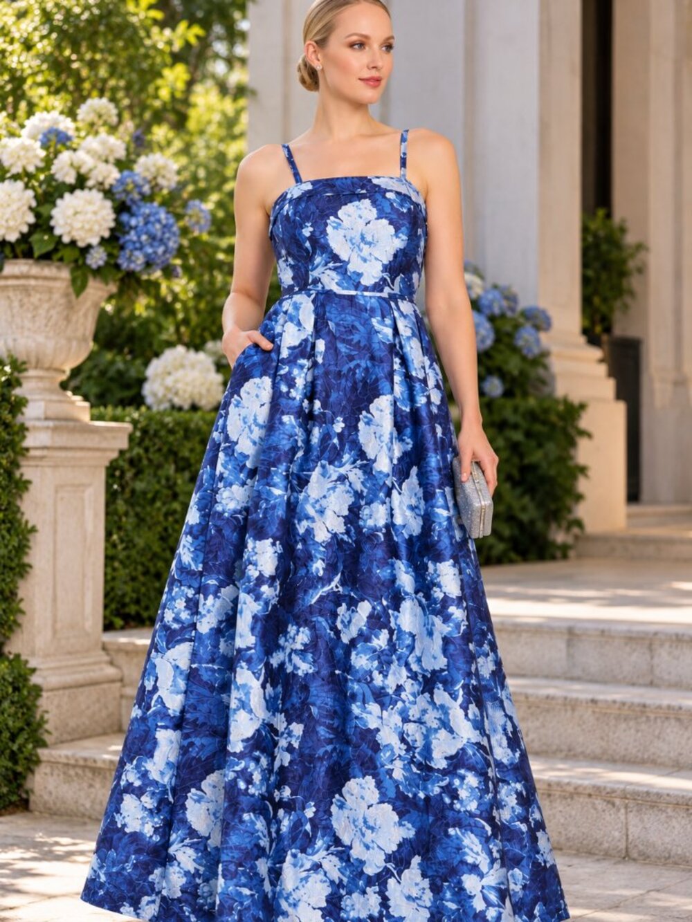 Tahari ASL Navy Blue Floral Square Neck Long Gown 12 NWT